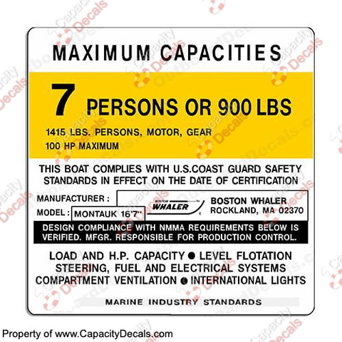 Boston Whaler Montauk Capacity Plate Decal 7 Person
